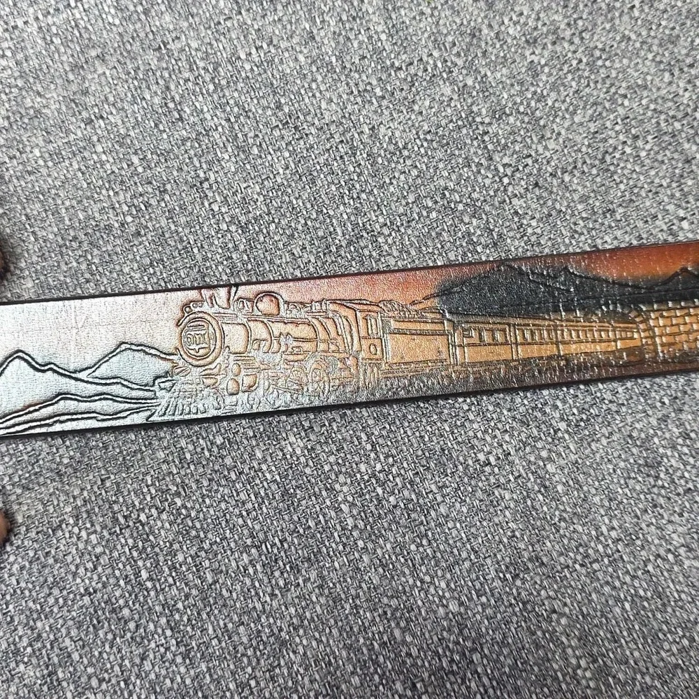 Vtg Train Western Tooled Leather Belt Mountain Buckle Steam Engines Tunnels